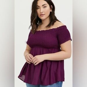 NWT Torrid Purple Smocked Off the Shoulder Babydoll Peplum Top 0 0X